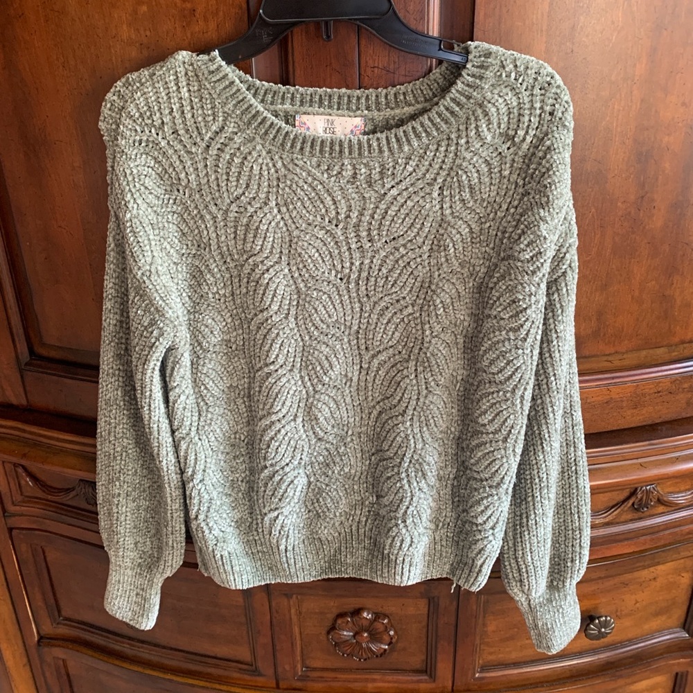 Pink Rose Green Crew Neck Sweater with Textured Knit
